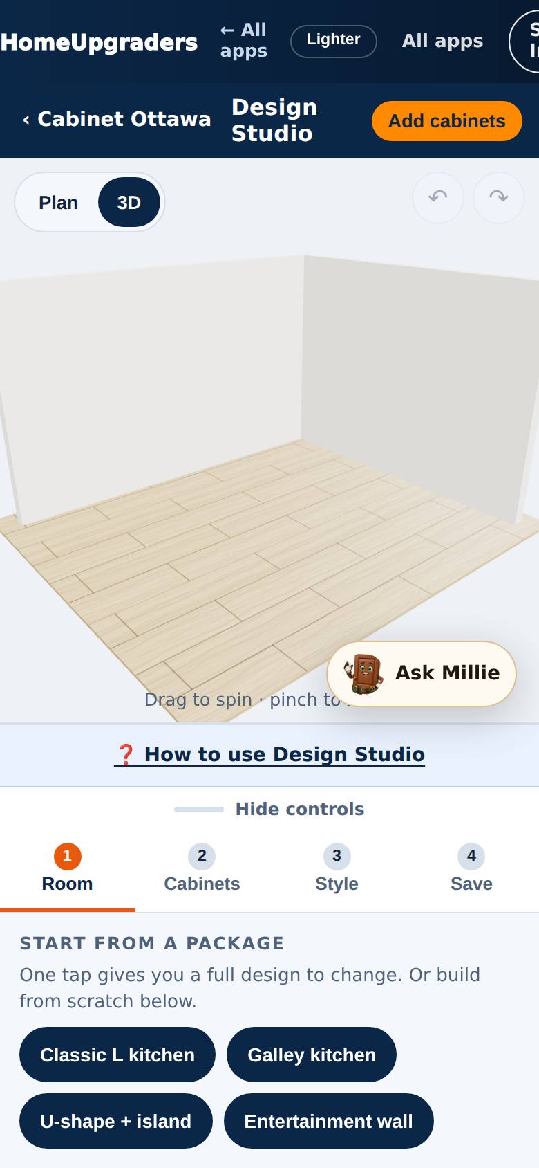 The studio opens on a 3D kitchen — spin it with one finger, pinch to zoom. The steps are along the bottom: Room, Cabinets, Style, Save.