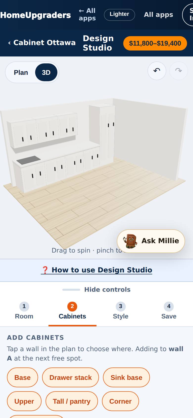 Each cabinet appears on the plan; the price range updates.