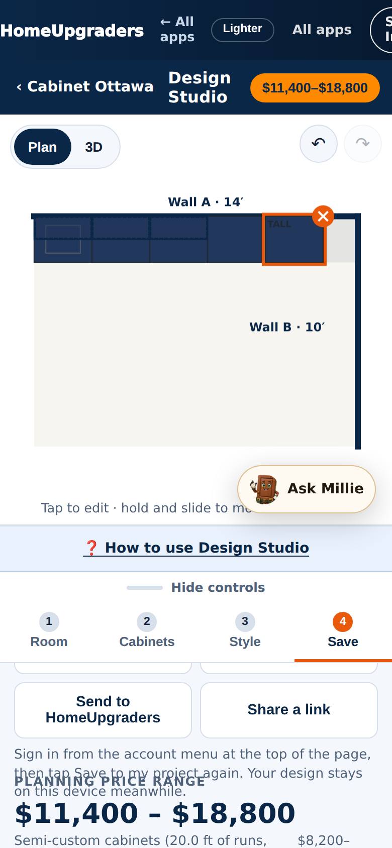 Signed out, it says to sign in from the account menu at the top, then tap Save again; the design stays on this device meanwhile.