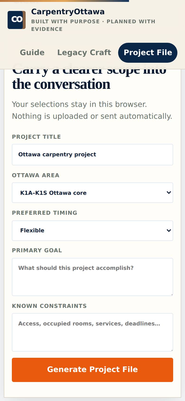 Your selections stay in this browser; give the project a title and pick your Ottawa area.