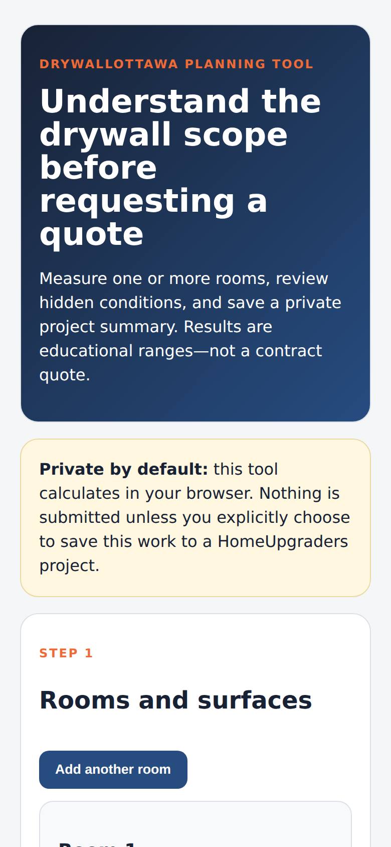 The private planner opens: rooms, scope, review, results, save.