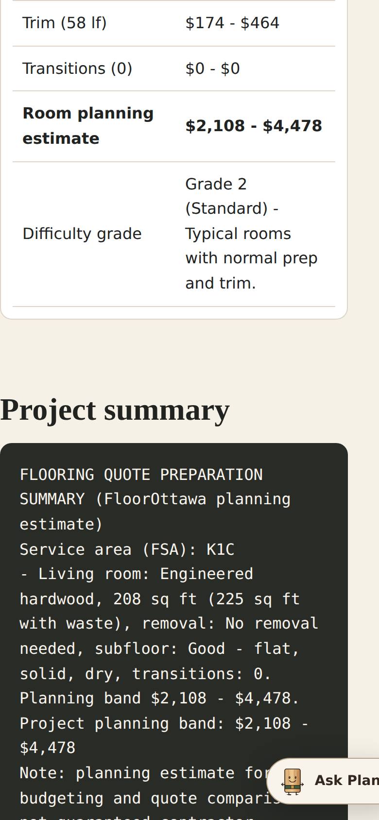 Quantities for the whole project and a public planning range — not a quote.