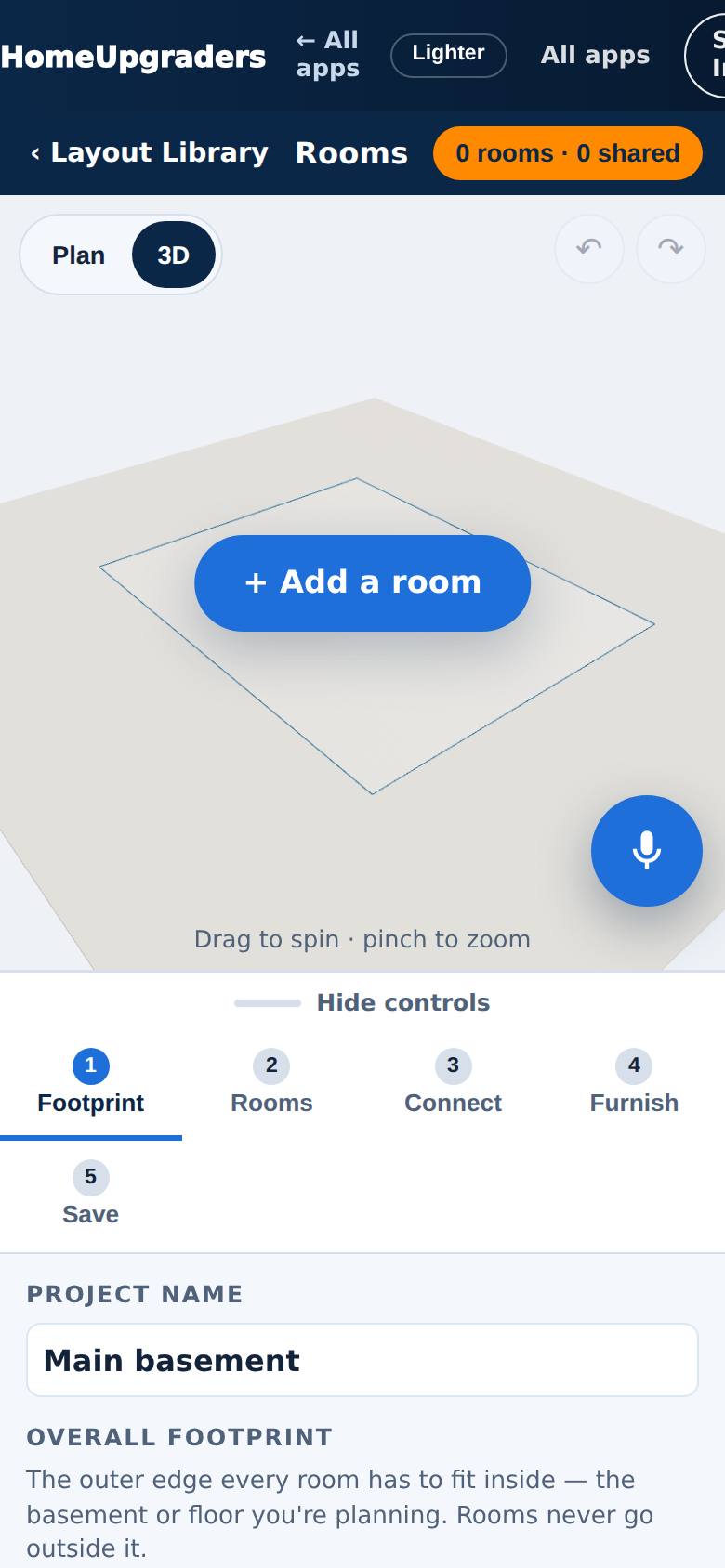 Rooms opens on step 1, Footprint, with an empty 3D view.