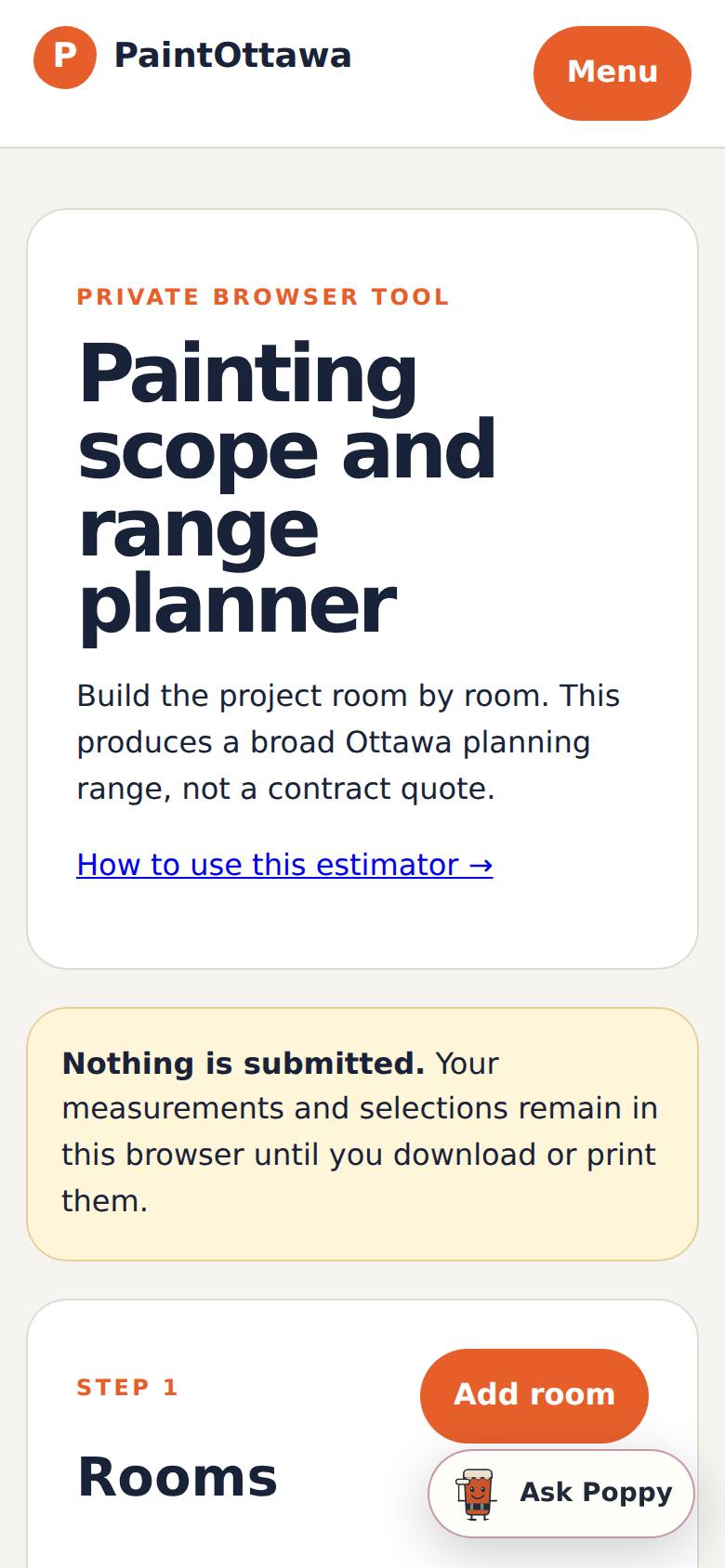 The painting scope and range planner opens with Room 1 ready to fill in.