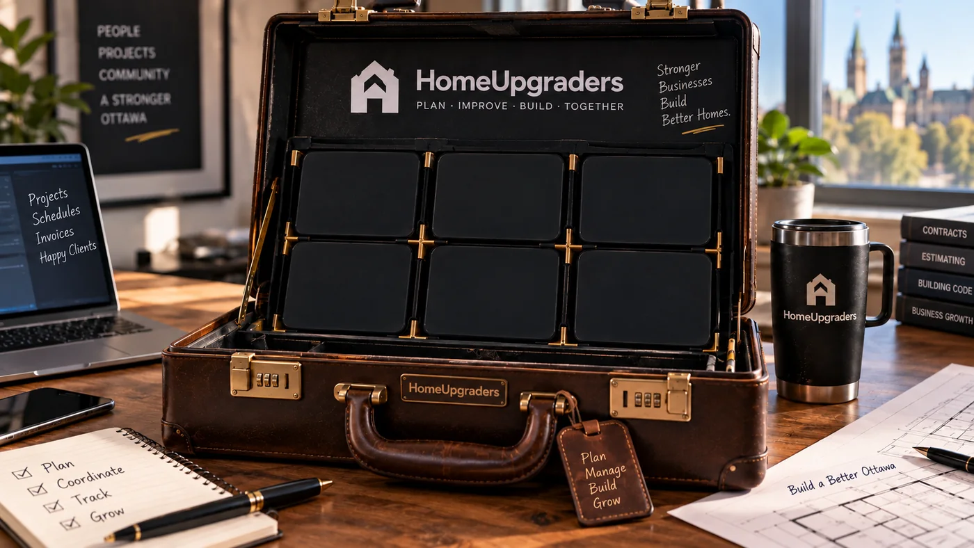 A HomeUpgraders briefcase open on a desk. Its six compartments are the business tools listed below.
