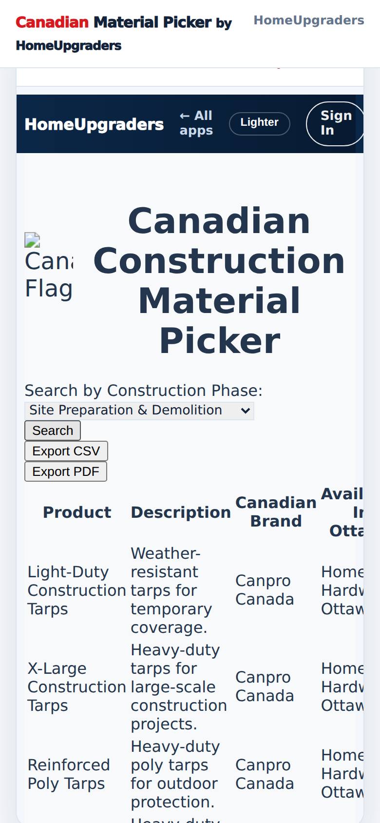 Canadian materials for that phase, with their makers and where they come from.
